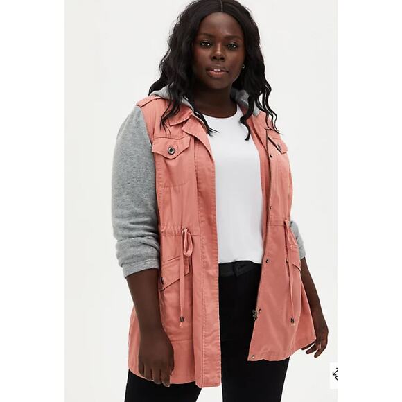 Torrid Pink Gray Twill Hacci Sleeve Anorak Lightweight Jacket Womens Size 00 - Picture 3 of 11